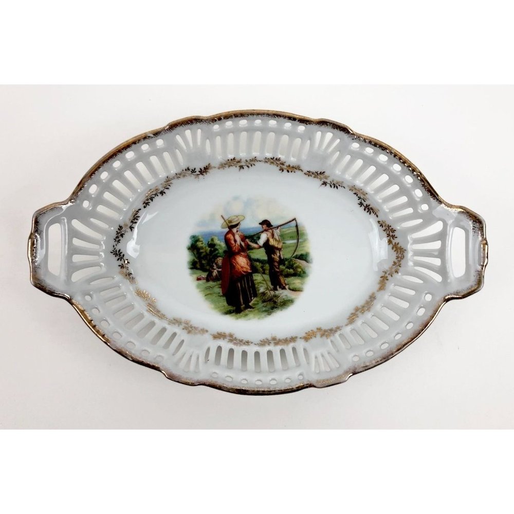 Vintage Porcelain Trinket Tray Candy Dish Gold Accents Pierced Germany